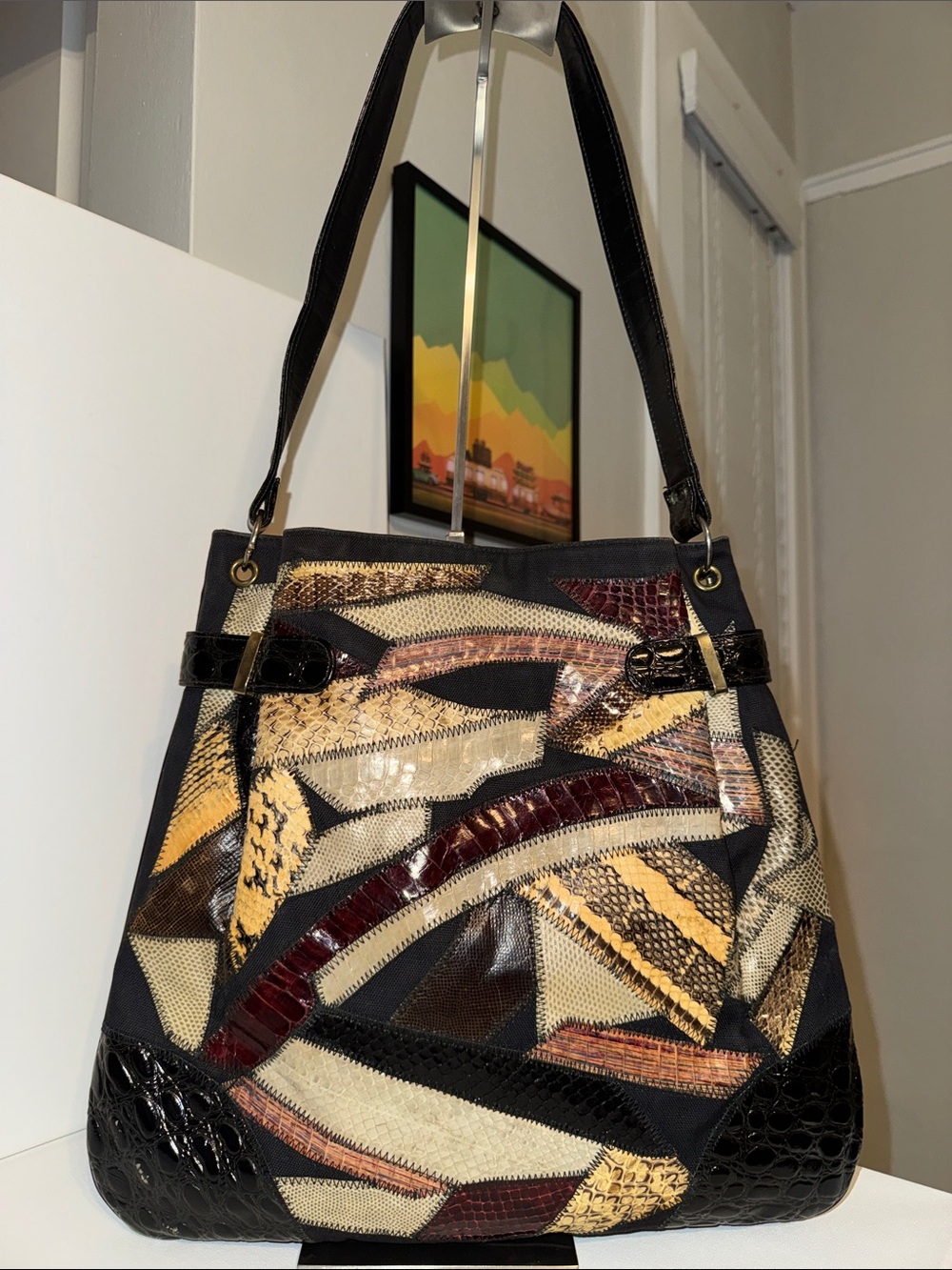 Vintage Bags By Varon Patchwork Exotic Leather Snakeskin Tote Shoulder Bag - Picture 2 of 12